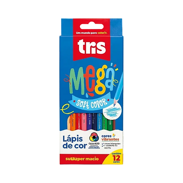 Lápis de Cor Tris Mega Soft Color – 12 Cores, Traço Macio e Cores Vibrantes