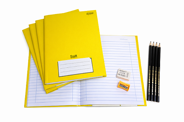 Kit Escolar Amarelo - 4 Cadernos Brochura Capa Dura 48 folhas + Lápis, Borracha e Apontador