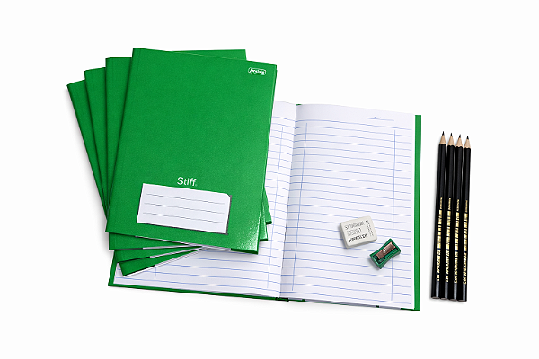 Kit Escolar Verde - 4 Cadernos Brochura Capa Dura 48 folhas + Lápis, Borracha e Apontador