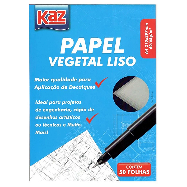 Papel Vegetal KAZ A4 com 50 Folhas – Alta Transparência