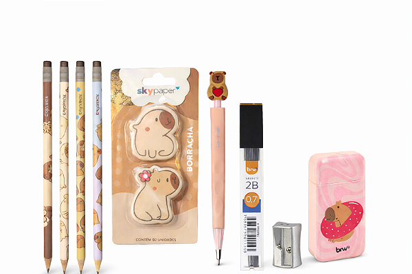 Kit Capivara (4 Lápis, 2 Borrachas, 1 Apontador de metal, 1 Lapiseira, 1 Grafite, 1 Corretivo)