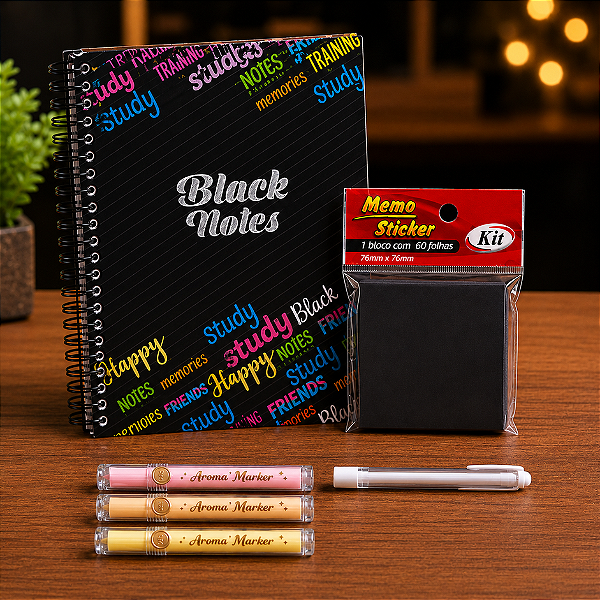 Kit Presente Black Notes – Caderno Preto, Post-it Preto, Caneta Branca e Marcadores