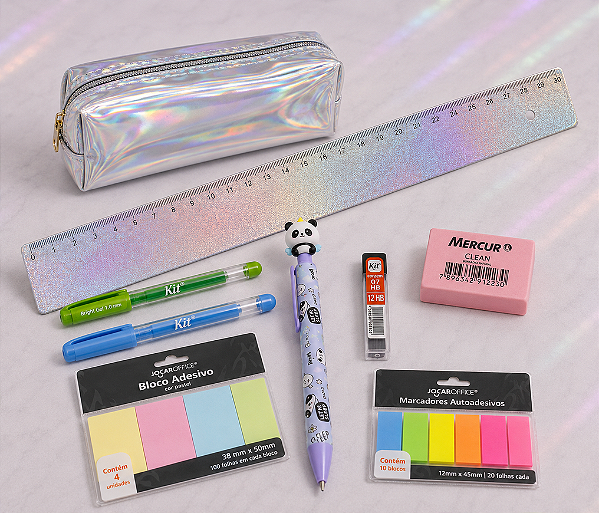 Kit Presenteável Holográfico – Estojo, Papelaria e Acessórios Premium