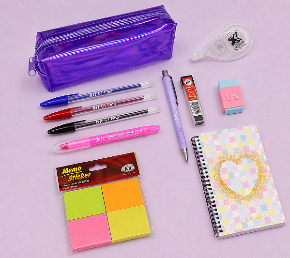 Kit Presente Roxo – Estojo, Caderneta e Papelaria Completa