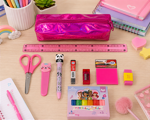 Kit Presente Rosa – Estojo Holográfico e Papelaria Completa