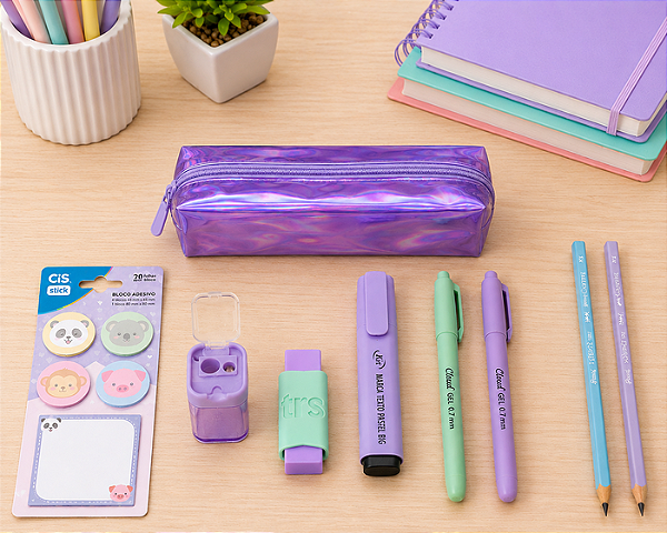 Kit Presente Lilás – Papelaria Completa com Estojo e Acessórios Pastel