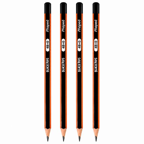 Kit com 4 Lápis Preto Maped Black Peps Graduado 4B – Traço Macio e Intenso