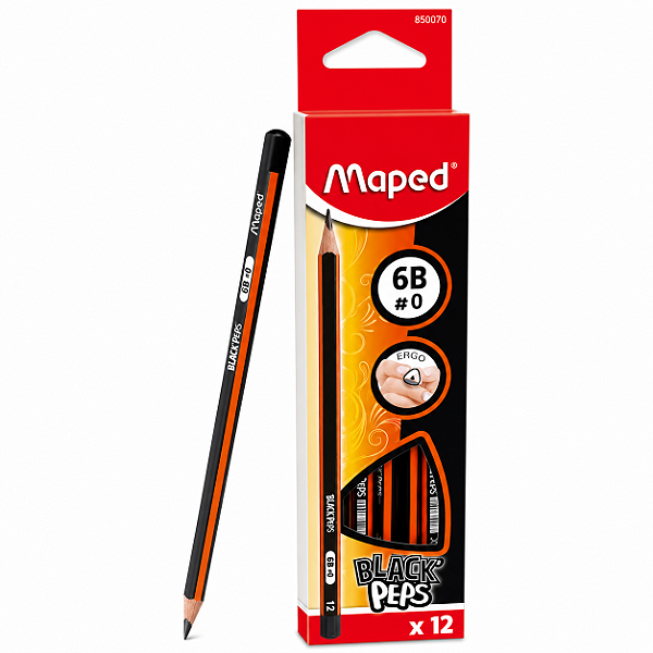 Caixa com 12 Lápis Preto Maped Black Peps Graduado 6B – Traço Macio e Intenso