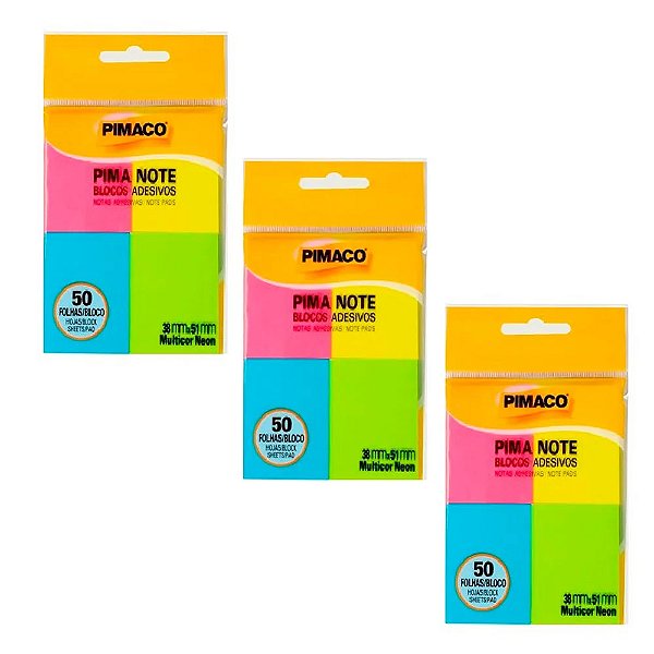 Kit com 3 Blocos Adesivo Neon 38x51mm Pimaco – Kit com 4 Blocos de 50 Folhas