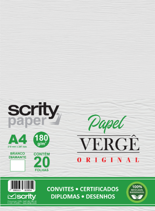 Papel Especial Vergê Branco 180g - A4 com 20 folhas - Scrity
