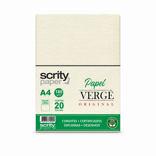 Papel Especial Vergê Creme 180g - A4 com 20 folhas - Scrity