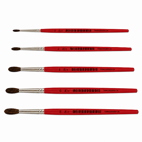 Kit com 5 Pincéis para Pintura Redondo K20 Cabo Longo Nº 0, 2, 4, 6 e 8