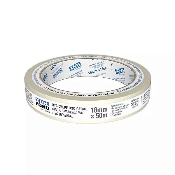 Fita Crepe de Uso Geral Tekbond 18 mm x 50 m Branca