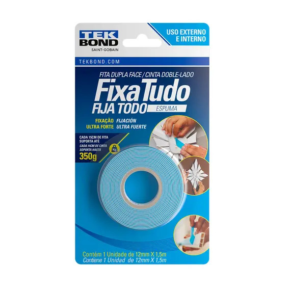 Fita Dupla Face de Espuma Fixa Tudo Tekbond 12 mm x 1,5 m Branca