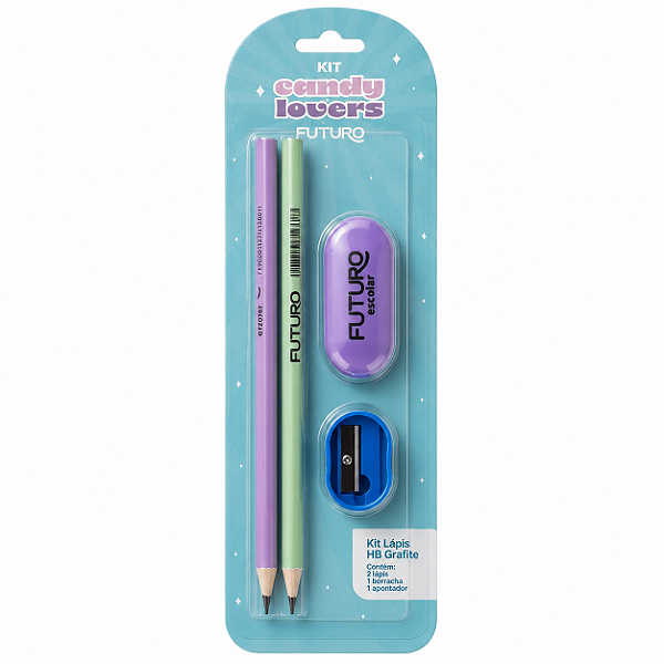Kit Escolar Candy Lovers Futuro com 2 Lápis HB, Apontador e Borracha