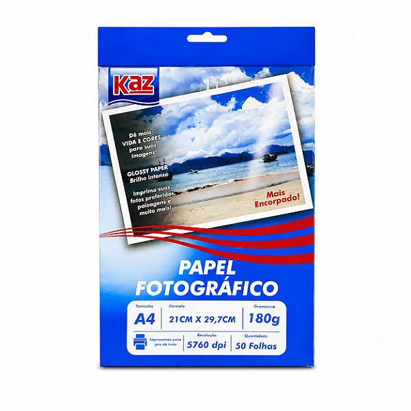 Papel Foto Glossy A4 180g com 50 folhas KAZ