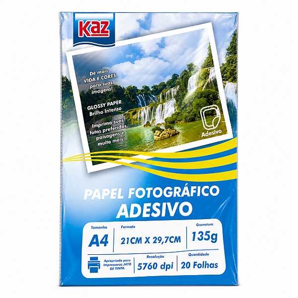Papel Foto Glossy Adesivo A4 135g KAZ com 20 Folhas