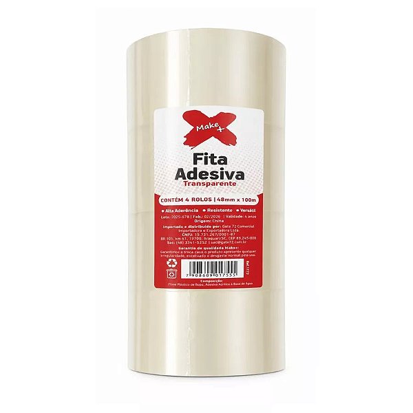 Pacote com 4 rolos de Fita Adesiva Transparente 48mm x 100m Alta Aderência - Make+