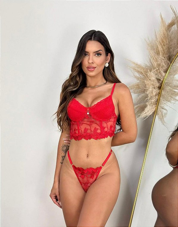 Conjunto Cropped Freya Flor Vermelho