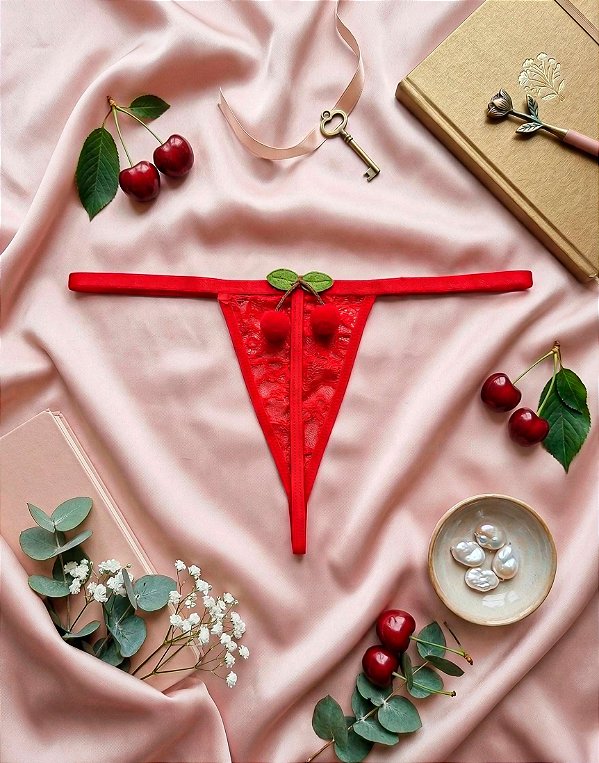 Calcinha Tanga Fio Sensual de Renda Cereja