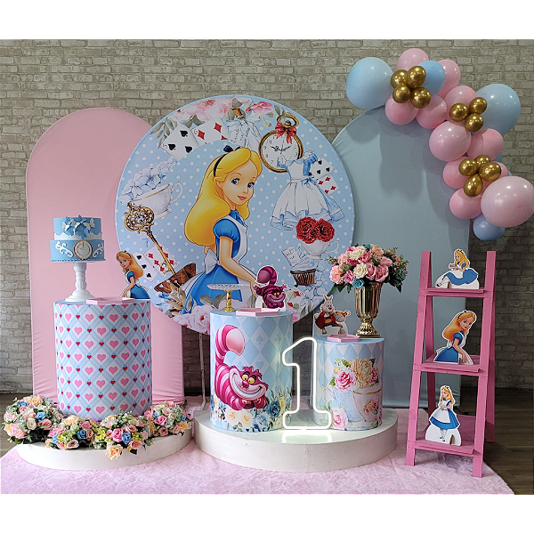 Alugue Tema Para Festa Decoração Alice no País das Maravilhas Tecido ( Modelo 5 ) Acompanha o Balão
