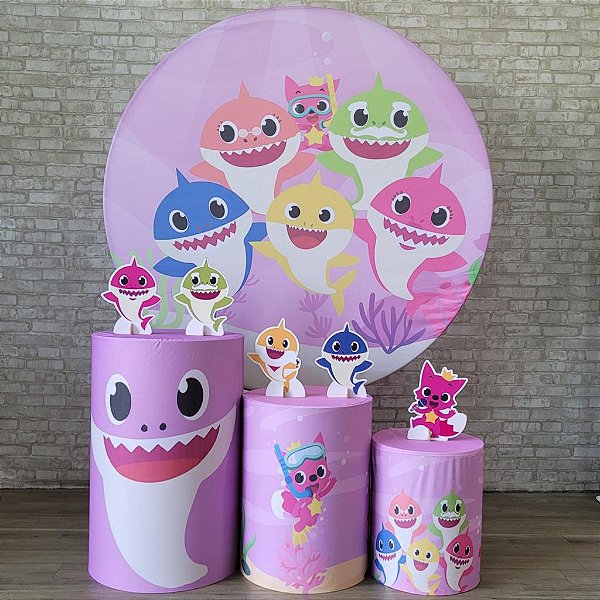 Alugue Tema Para Festa Decoração Baby Shark Rosa Tecido ( Modelo 1 )