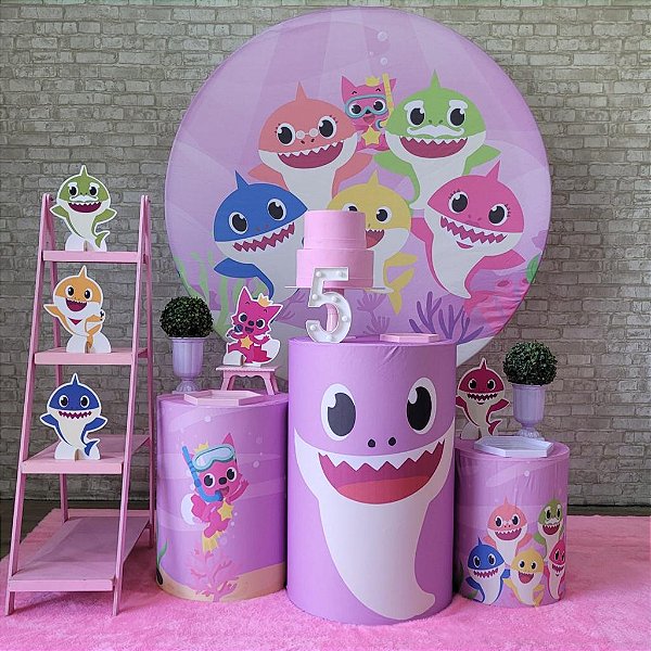 Alugue Tema Para Festa Decoração Baby Shark Rosa Tecido ( Modelo 2 )