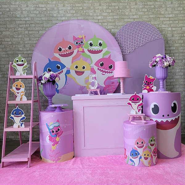 Alugue Tema Para Festa Decoração Baby Shark Rosa Tecido ( Modelo 3 )
