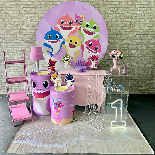 Alugue Tema Para Festa Decoração Baby Shark Rosa Tecido ( Modelo 4 )