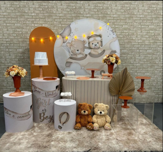 Alugue Tema Para Festa Decoração Chá Revelação Ursinho Aviador Tecido ( Modelo 3 )