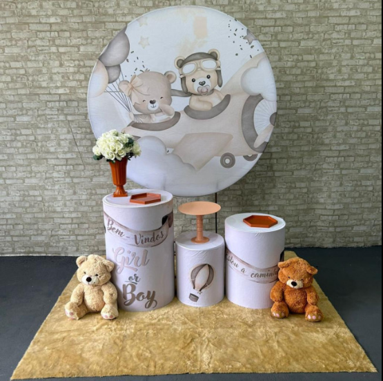 Alugue Tema Para Festa Decoração Chá Revelação Ursinho Aviador Tecido ( Modelo 1 )