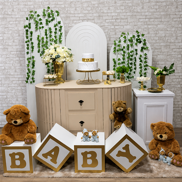 Alugue Tema Para Festa Decoração Chá Revelação Branco Ursinho Tecido (Modelo 6 )