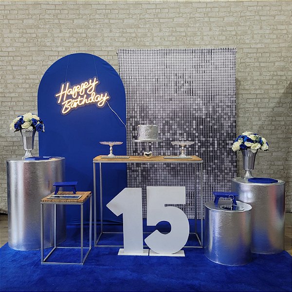 Alugue Tema Para Festa Decoração Azul com Prata Tecido ( Modelo 1 )