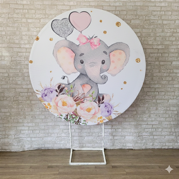 Alugue Estrutura Painel Redondo e a Capa de Tecido do Tema - Elefantinho Rosa