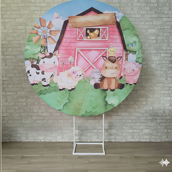 Alugue Estrutura Painel Redondo e a Capa de Tecido do Tema - Fazendinha Rosa
