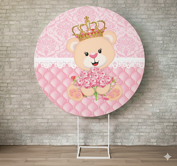 Alugue Estrutura Painel Redondo e a Capa de Tecido do Tema - Ursinha Realeza