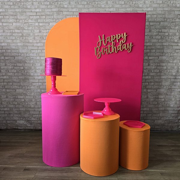 Alugue Tema Para Festa Decoração Happy Laranja com Rosa Tecido ( Modelo 8 )