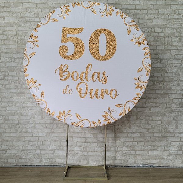 Alugue Estrutura Painel Redondo e a Capa de Tecido do Tema - Bodas de Ouro