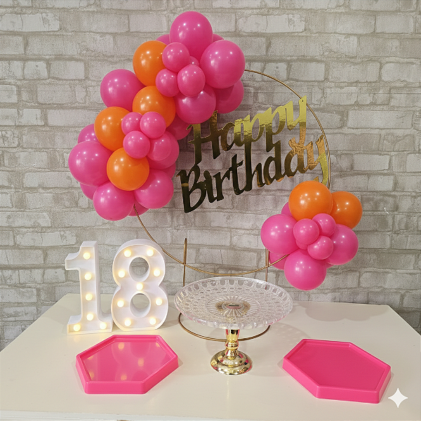 Alugue Tema Para Festa na Mesa Decoração Happy Rosa Pink com Laranja