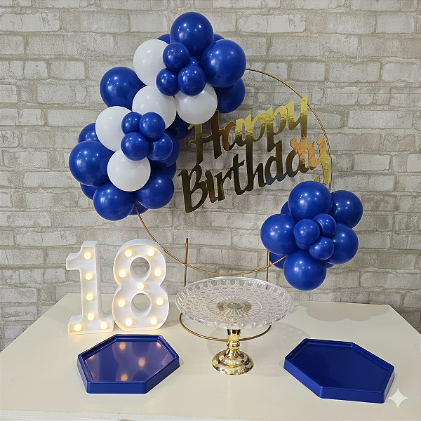 Alugue Tema Para Festa na Mesa Decoração Happy Azul com Branco