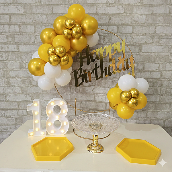 Alugue Tema Para Festa na Mesa Decoração Happy Amarelo com Branco