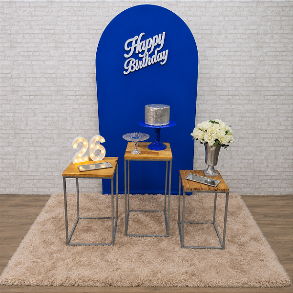 Alugue Tema Para Festa Decoração Happy Azul com prata Tecido ( Modelo 6 )