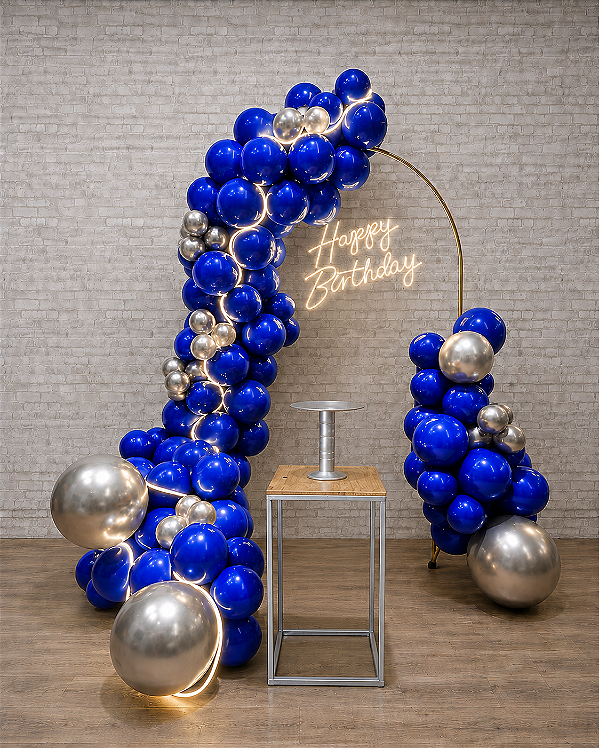 Alugue Tema Para Festa Decoração Happy- Azul com prata Acompanha Balão