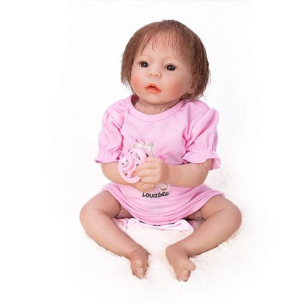 Bebê Reborn Silicone com macacão rosa loira