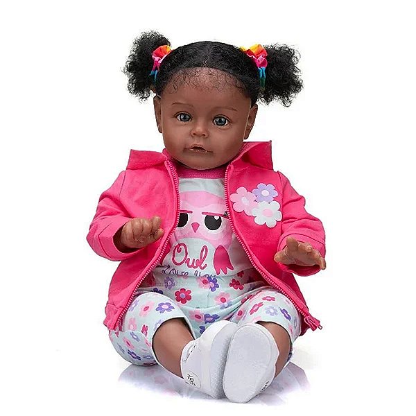Boneca Bebe Reborn Negra Tecido Samira - 60cm