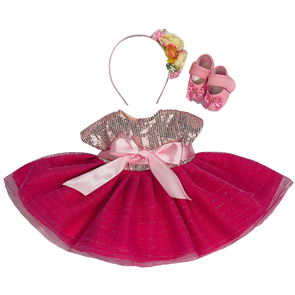 Kit Vestido Rosa Escuro Boneca Bebe Reborn  - 55Cm