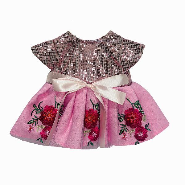 Vestido Rosa Escuro com Bordado Boneca Bebe Reborn - 55Cm