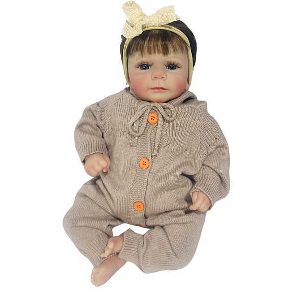 Boneca Bebe Reborn Corpo de tecido Flora Roupinha Marrom - 48cm