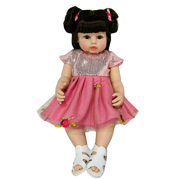 Boneca Bebe Reborn Silicone Realista Gisele Vestido Rosa - 55cm