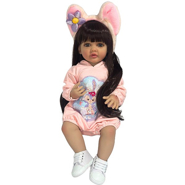 Boneca Bebe Reborn Corpo de Silicone Aurora com Tiara de Gato - 55cm